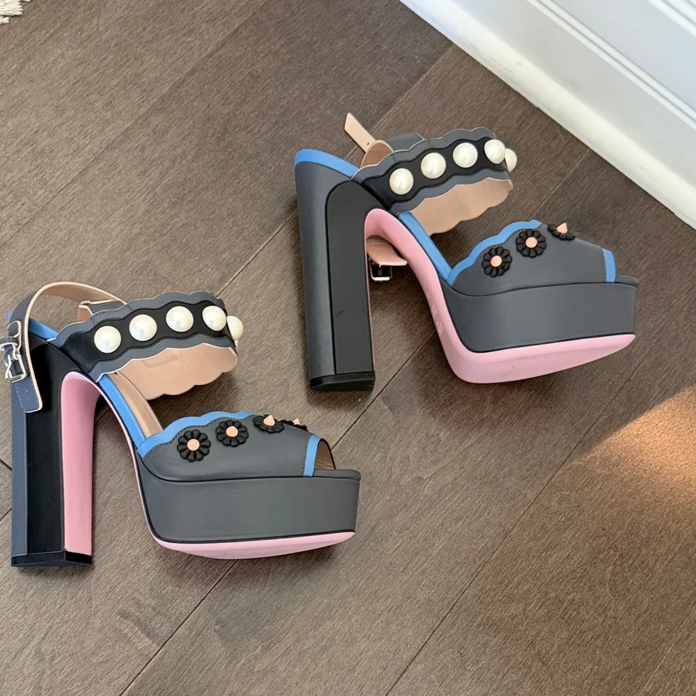 Fendi Black and Pink Platform Heels with Pearl Details